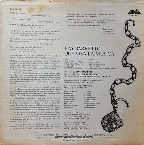 Ray Barretto : Que Viva La Musica (LP, Album, RP)