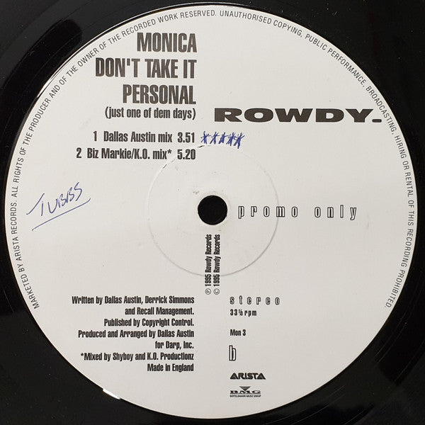 Monica : Don't Take It Personal (Just One Of Dem Days) (12", Single, Promo)