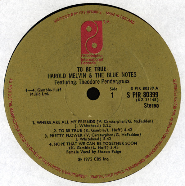 Harold Melvin & The Blue Notes* Featuring Theodore Pendergrass* : To Be True (LP, Album)