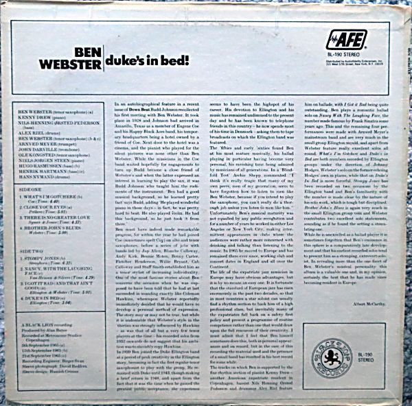 Ben Webster : Duke's In Bed! (LP, Album, RE)