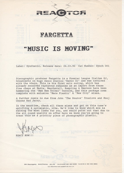 Ffargetta* : Music Is Movin (12")