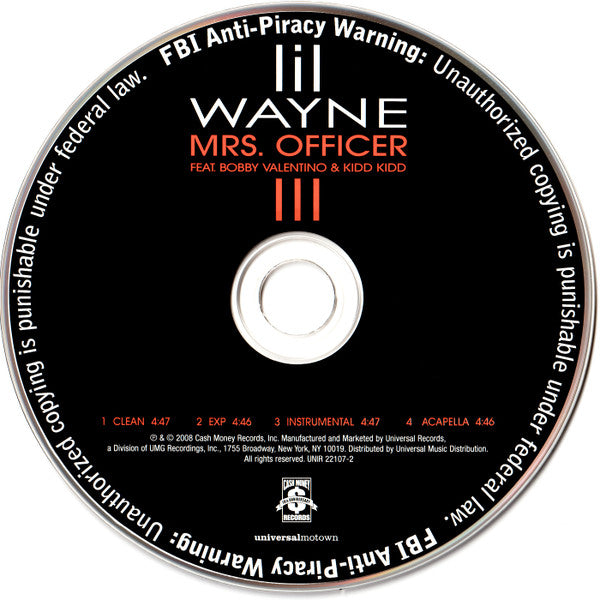 Lil Wayne Feat. Bobby Valentino (2) & Kidd Kidd : Mrs. Officer (CD, Promo)