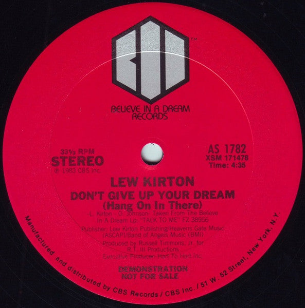 Lew Kirton : Don't Give Up Your Dream (Hang On In There) (12", Promo)