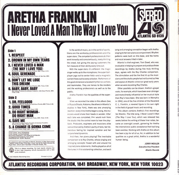 Aretha Franklin : I Never Loved A Man The Way I Love You (LP, Album, Ter)