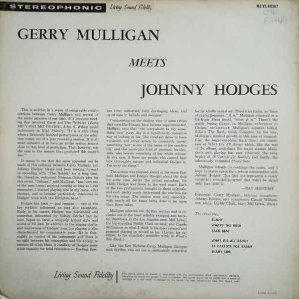 Gerry Mulligan & Johnny Hodges : Gerry Mulligan Meets Johnny Hodges (LP, RE)