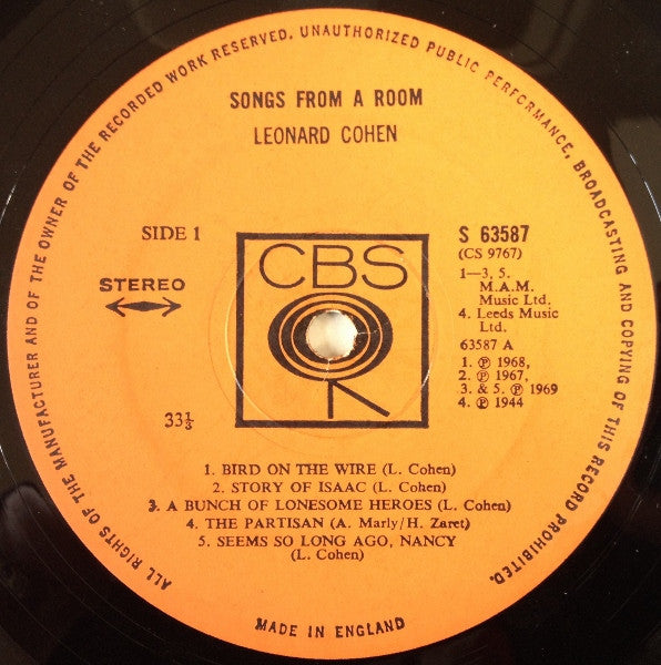 Leonard Cohen : Songs From A Room (LP, Album)