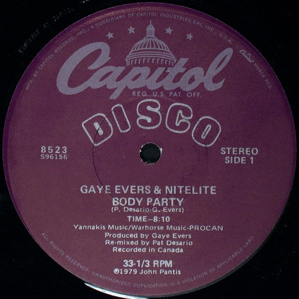 Gaye Evers & Nitelite : Body Party (12", Single, Los)