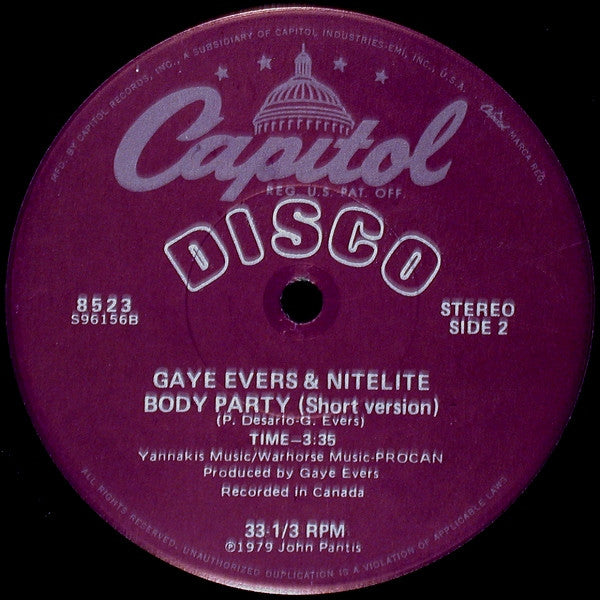 Gaye Evers & Nitelite : Body Party (12", Single, Los)