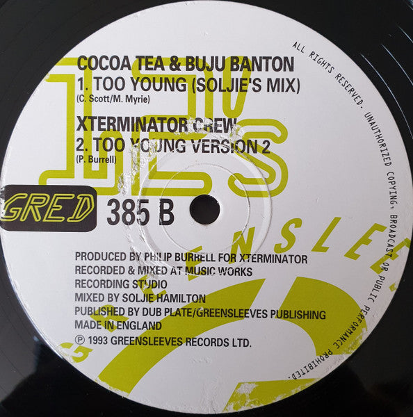 Cocoa Tea & Buju Banton : Too Young (12")