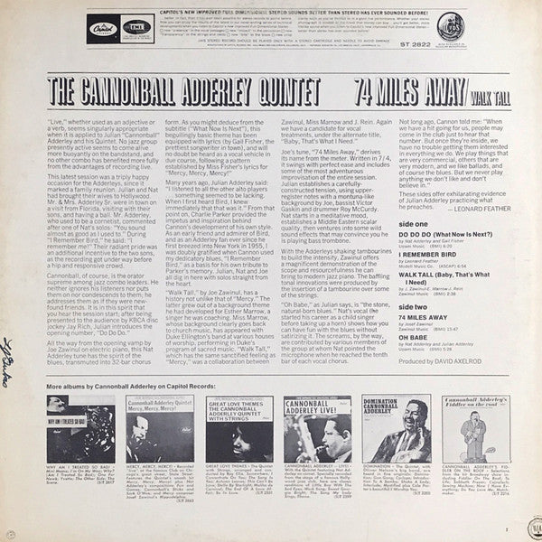 The Cannonball Adderley Quintet : 74 Miles Away / Walk Tall (LP, Album, Scr)